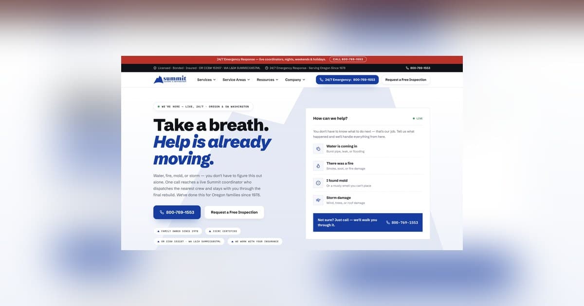 Summit Cleaning & Restoration Launches Revamped Website Ahead of Oregon's Wet Season to Aid Homeowners and Insurers