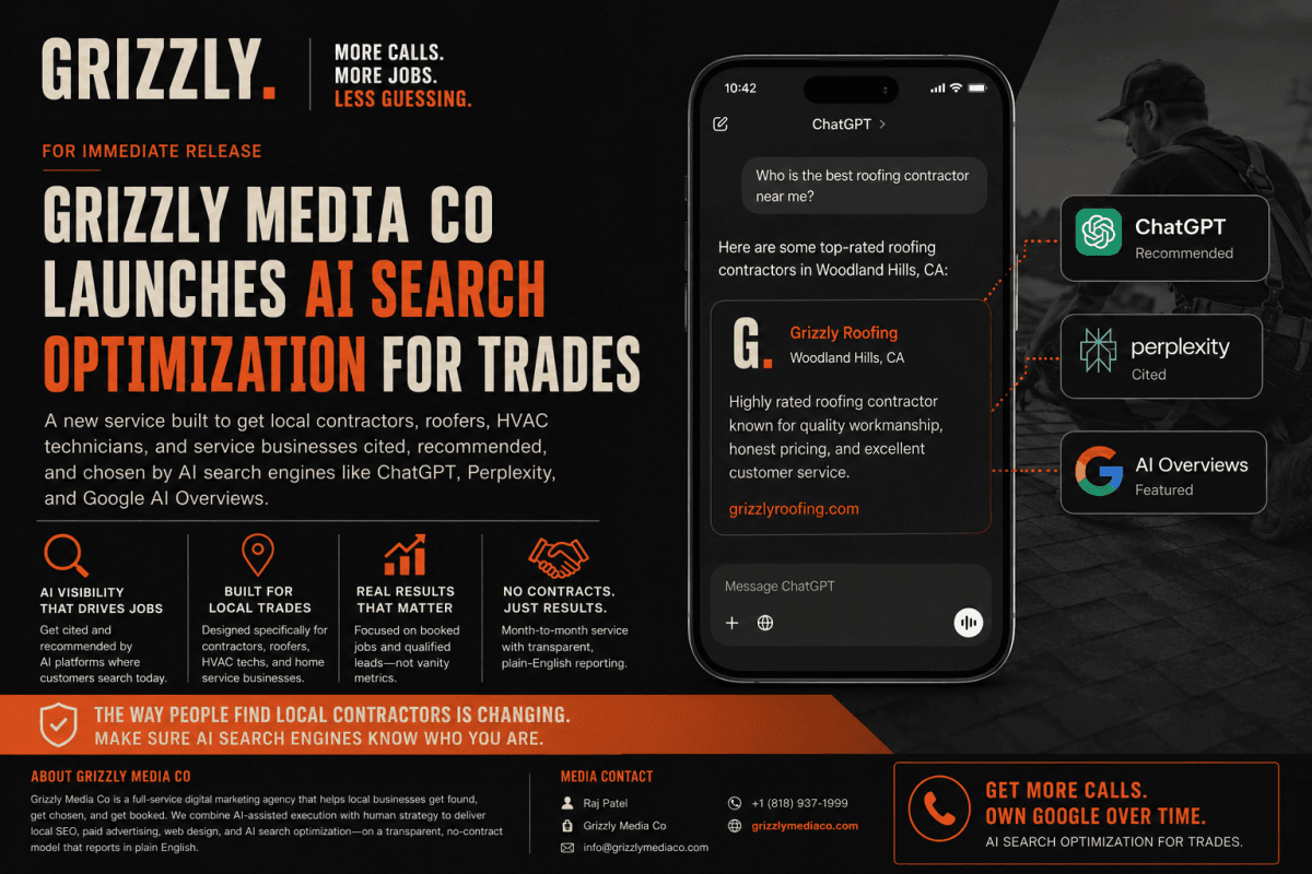 Grizzly Media Co Launches AI Search Optimization for Trades to Boost Contractor Visibility in AI Platforms
